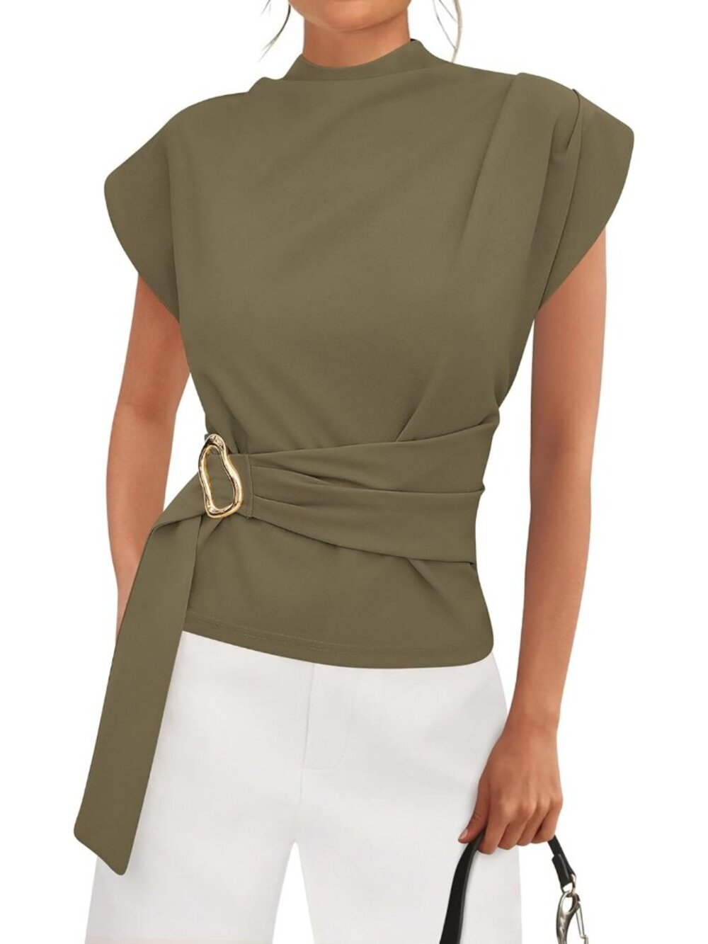 Women's Army Green Cap Sleeve Mock Neck Buckle Tunic Imported Casual Top Shirt